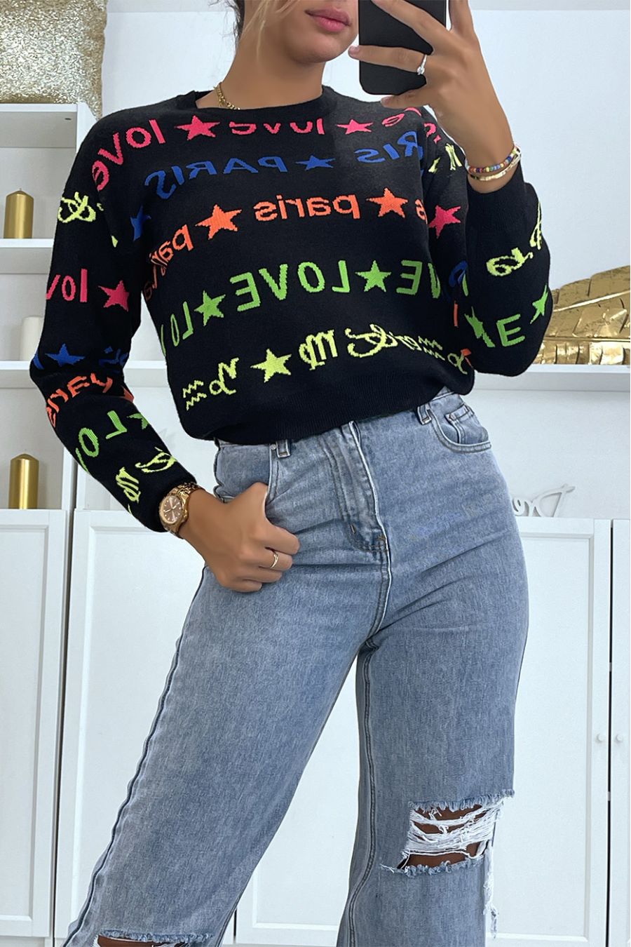 Short black sweater with PARIS LOVE lettering - 2