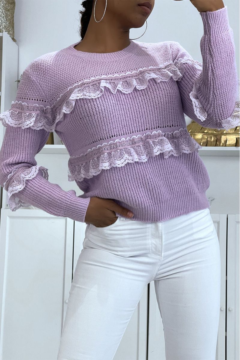 Lilac round neck sweater with pretty lace frills - 1