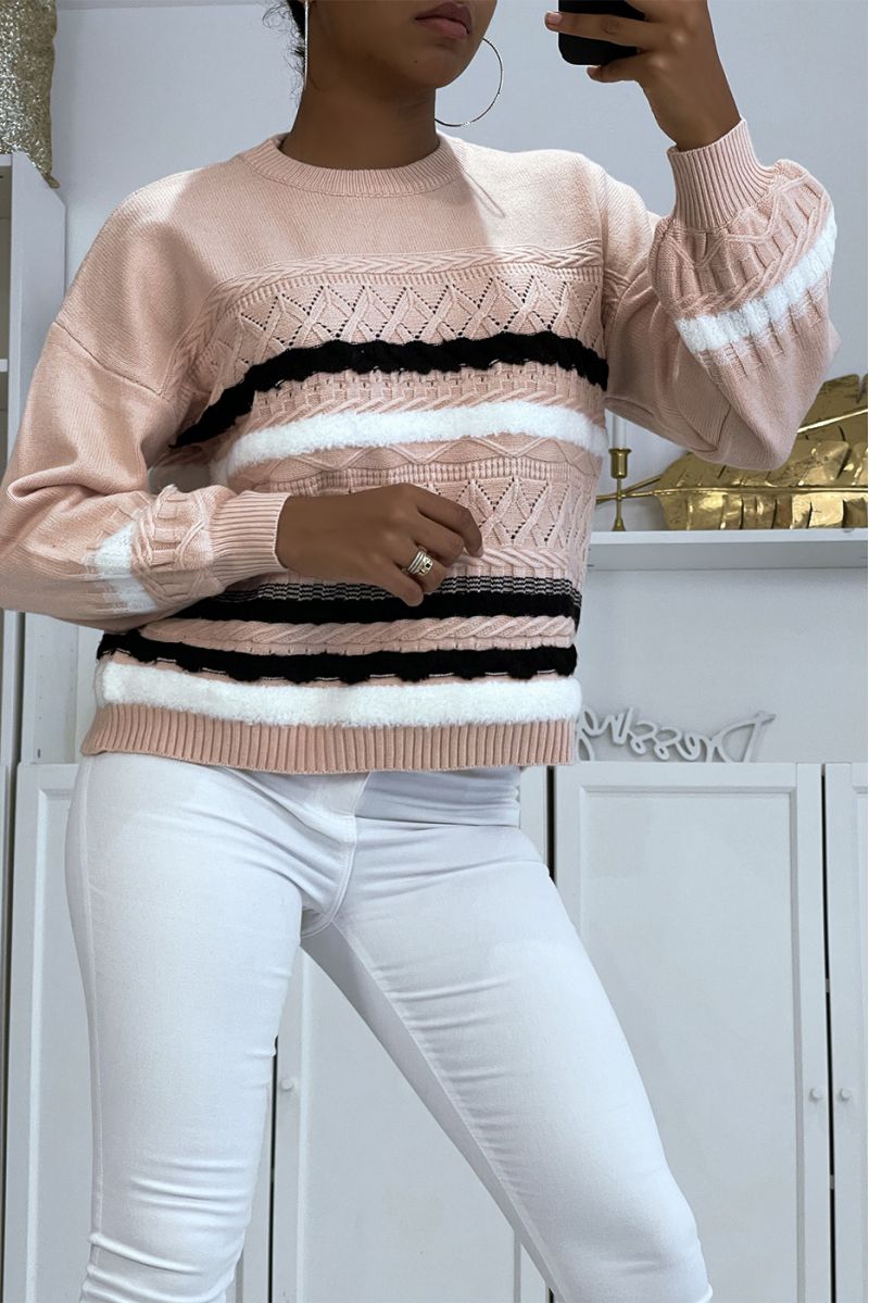 Pink sweater with puffed sleeves and retro patterns - 3