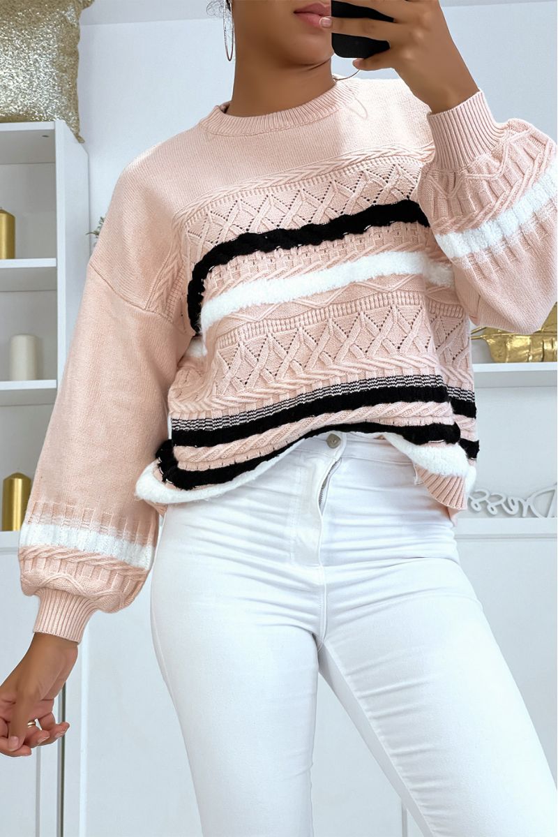 Pink sweater with puffed sleeves and retro patterns - 1