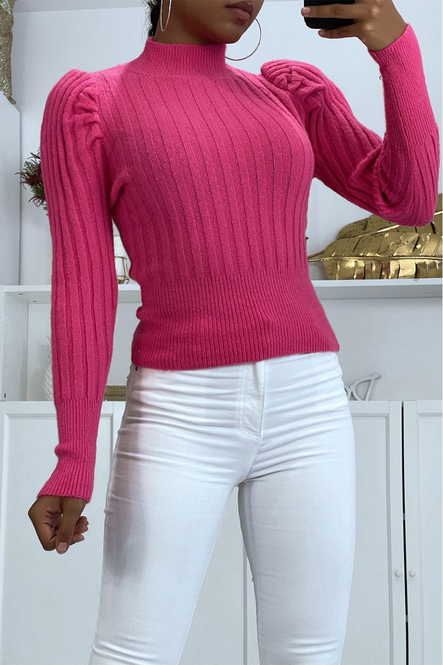 Fuchsia donzige geribbelde trui met hoge hals - 1