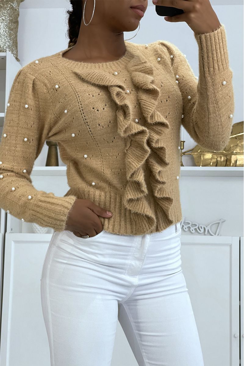 Soft camel sweater with pearl and ruffle details - 1