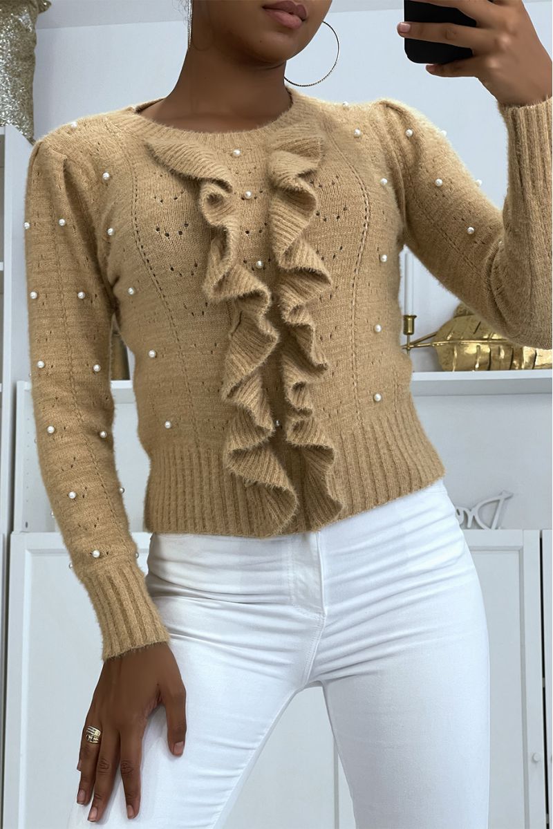 Soft camel sweater with pearl and ruffle details - 2
