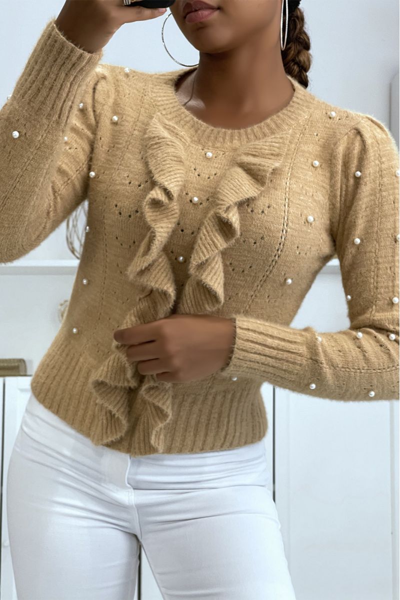 Soft camel sweater with pearl and ruffle details - 4