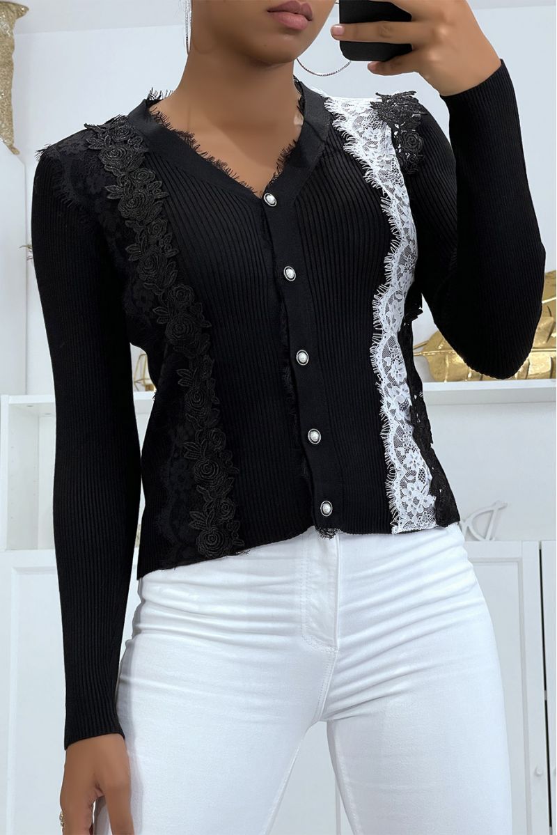 Beautiful black cardigan with lace and white and black embroidery - 1