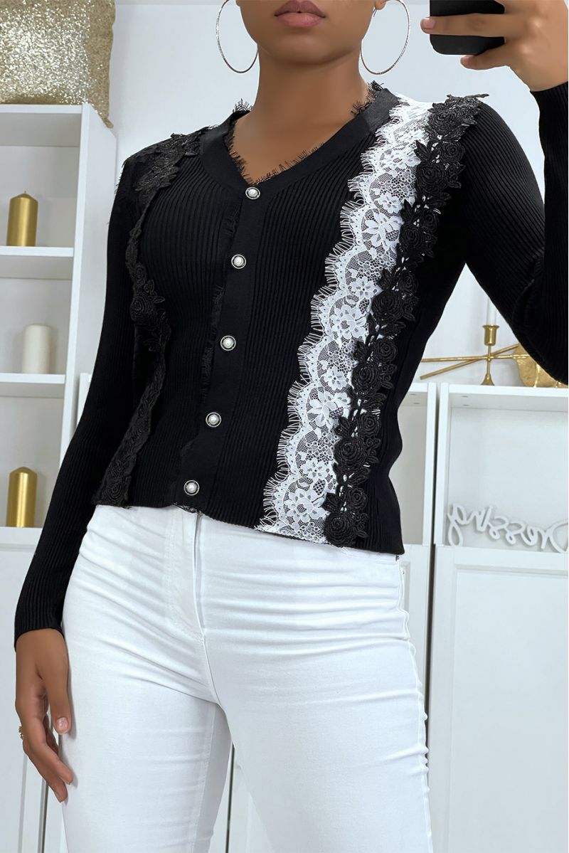 Beautiful black cardigan with lace and white and black embroidery - 2