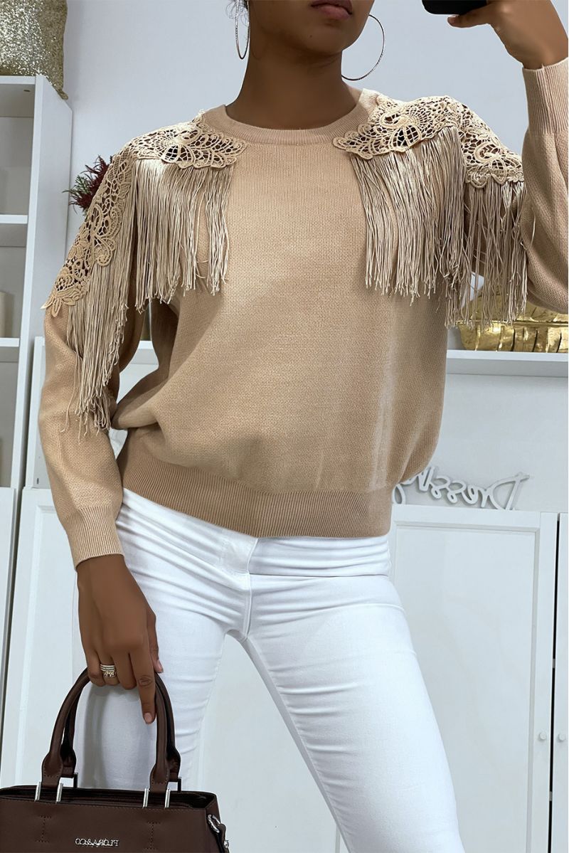 Taupe sweater with lace and fringes - 1