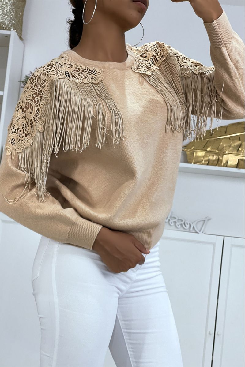 Taupe sweater with lace and fringes - 2