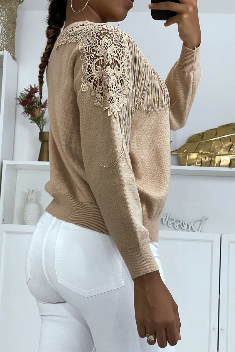 Taupe sweater with lace and fringes - 3