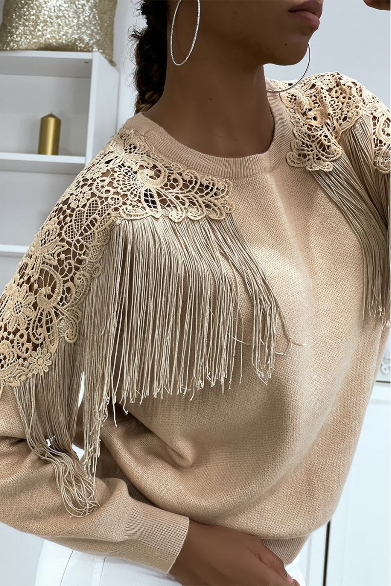 Taupe sweater with lace and fringes - 4