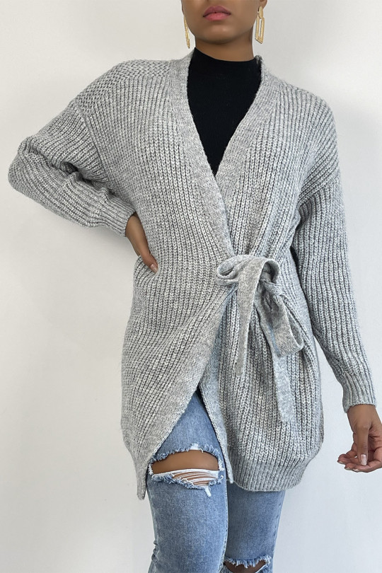 Long thick gray wrap cardigan with integrated belt - 8