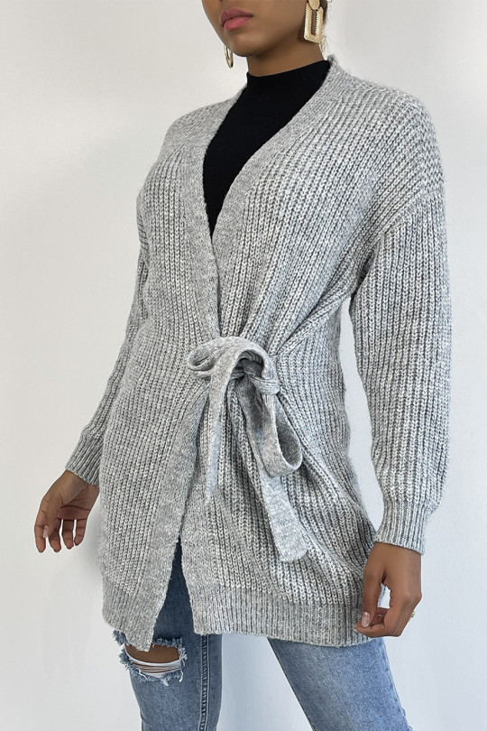 Long thick gray wrap cardigan with integrated belt - 7