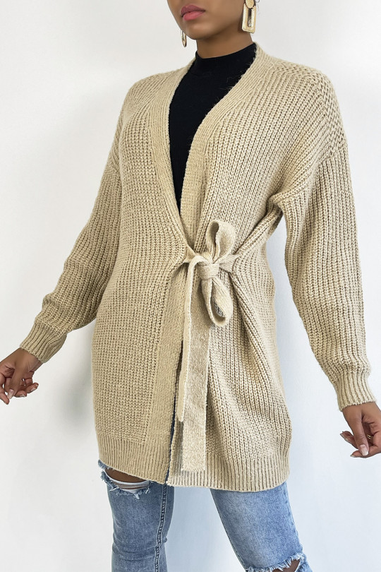 Long thick camel wrap cardigan with integrated belt - 9