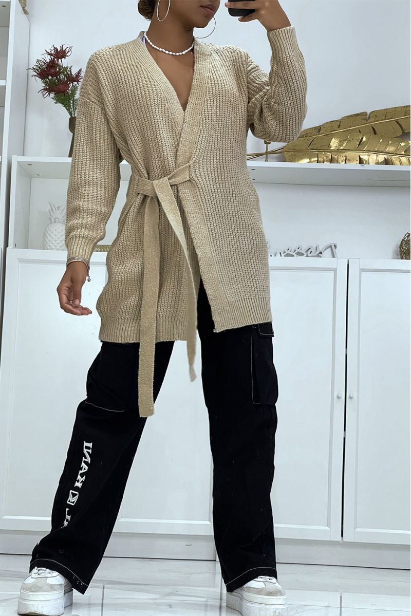 Long thick camel wrap cardigan with integrated belt - 10