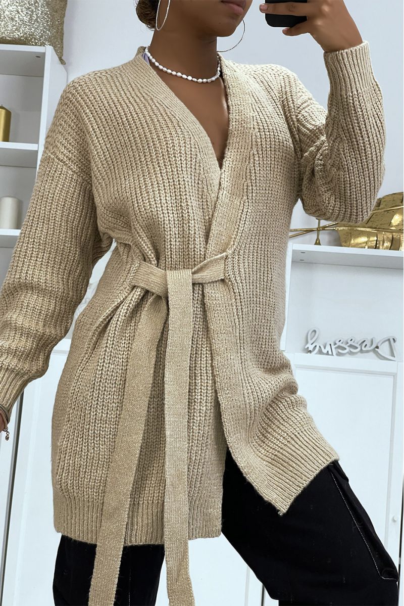 Long thick camel wrap cardigan with integrated belt - 11