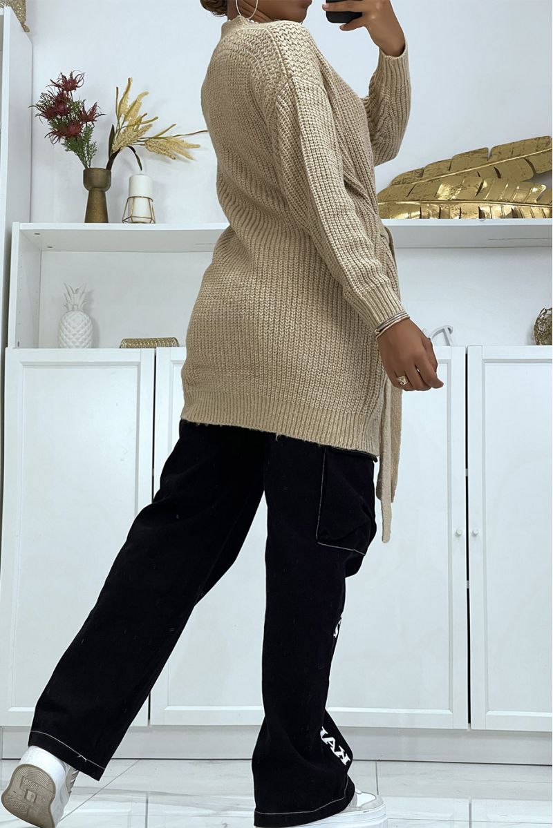 Long thick camel wrap cardigan with integrated belt - 12