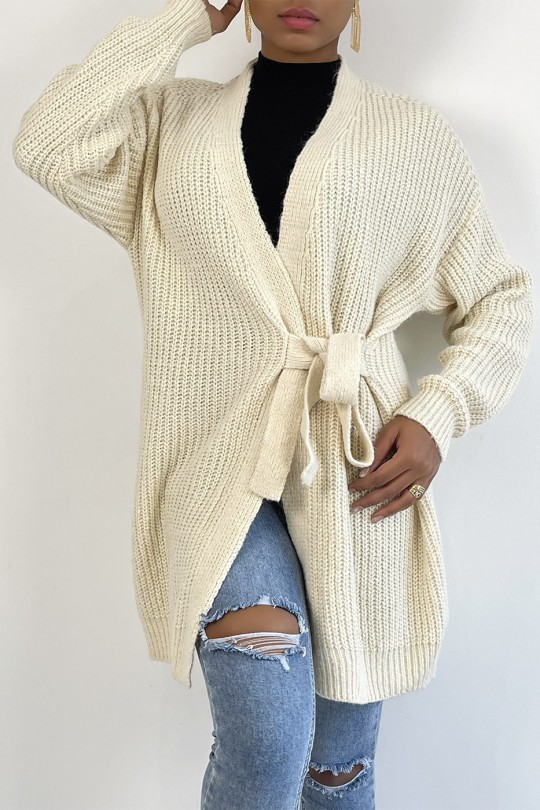 Long thick beige wrap cardigan with integrated belt - 7