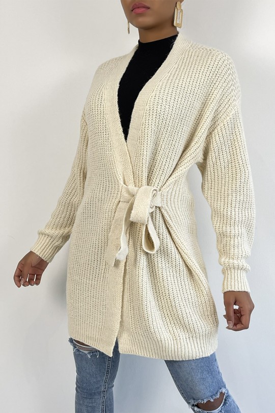Long thick beige wrap cardigan with integrated belt - 9