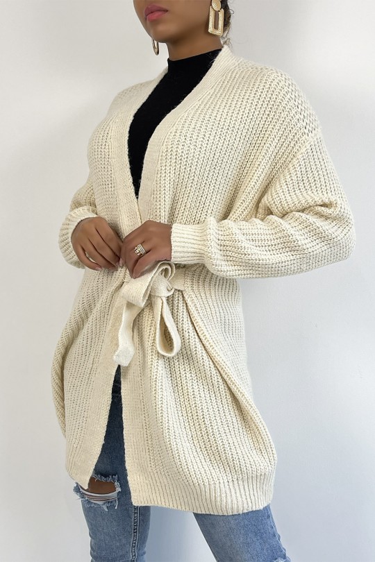 Long thick beige wrap cardigan with integrated belt - 6
