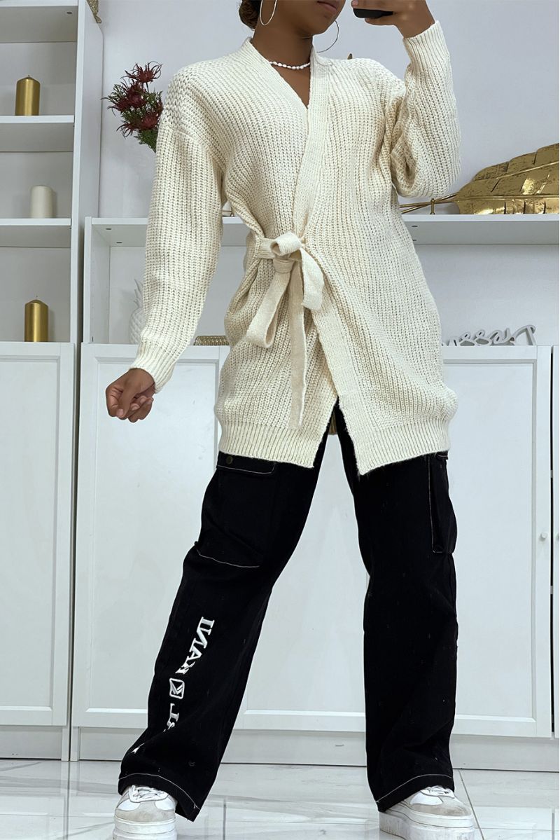 Long thick beige wrap cardigan with integrated belt - 10