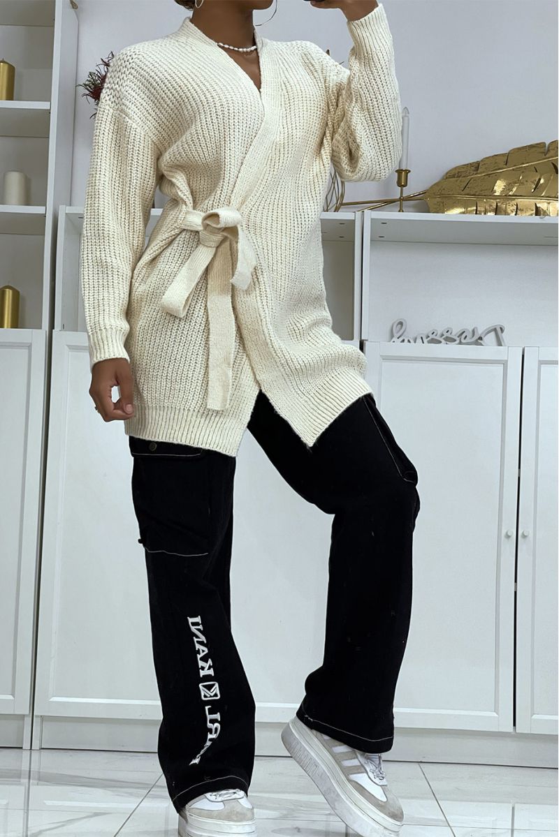 Long thick beige wrap cardigan with integrated belt - 11