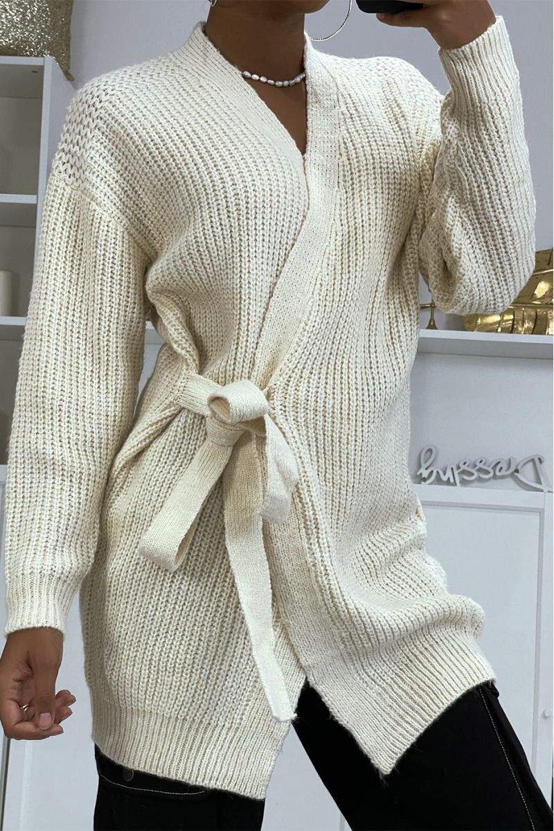 Long thick beige wrap cardigan with integrated belt - 12