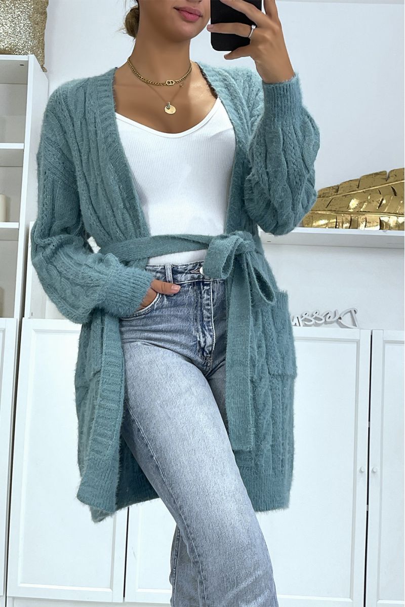 Turquoise blue woven-knit thick cardigan to tie - 3