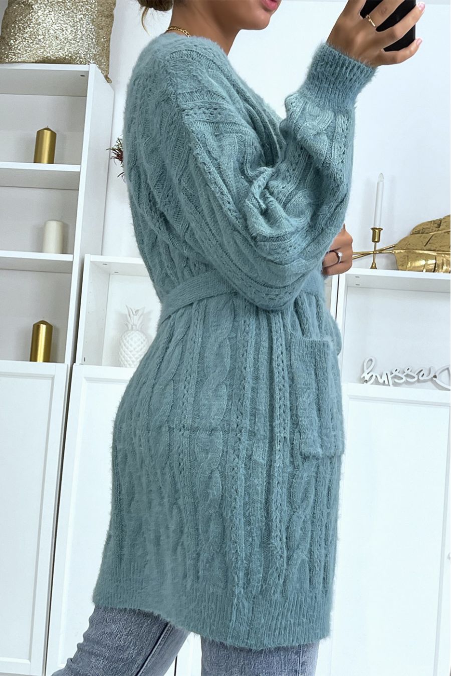 Gilet épais en maille tressée bleu turquoise à nouer - 4