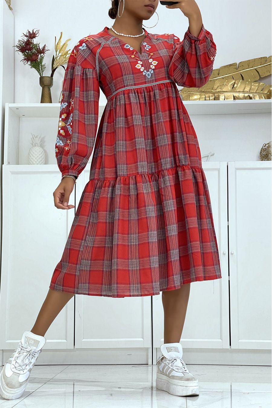 Rode tartan jurk met borduursel - 1