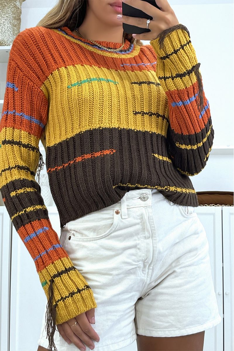 Cropped mustard-dominated sweater with cable knit and fringe - 1