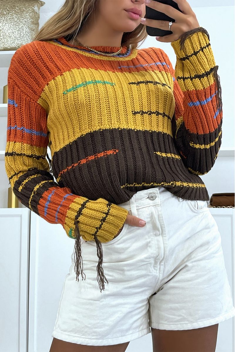 Bijgesneden, mosterdgedomineerde trui met kabelpatroon en franjes - 2