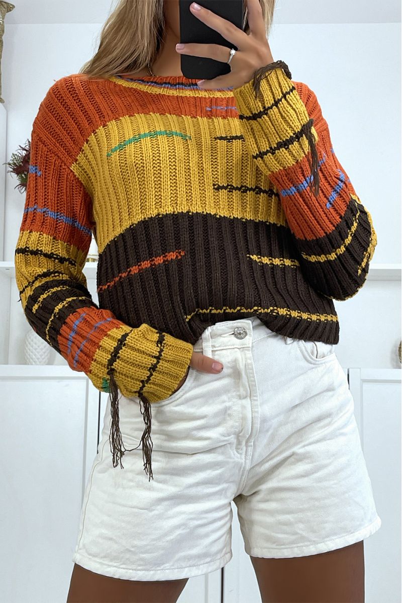 Cropped mustard-dominated sweater with cable knit and fringe - 4