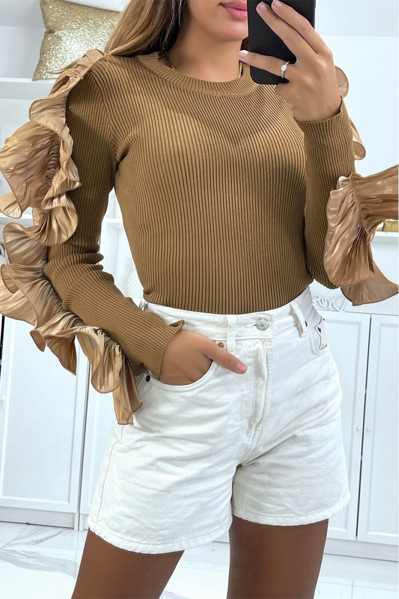 Brown ribbed sweater with ruffle on the sleeves - 1