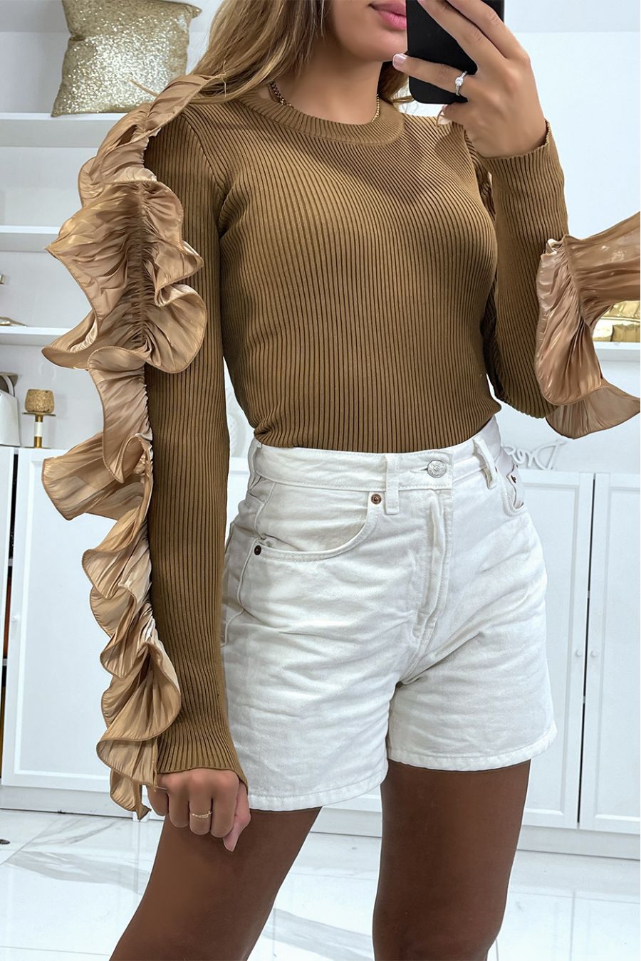 Blue puff sleeve blouse with rhinestones