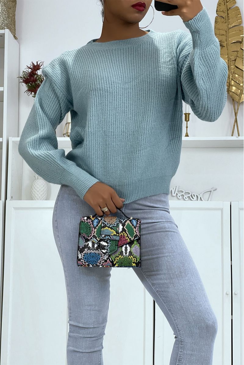 Blue chunky knit jumper with shoulder pad effect and puff sleeves - 1