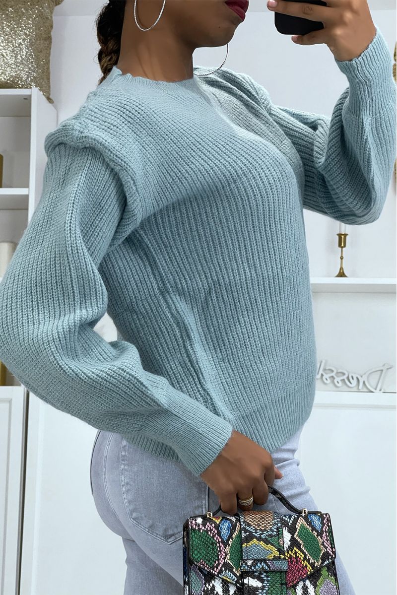 Blue chunky knit jumper with shoulder pad effect and puff sleeves - 2