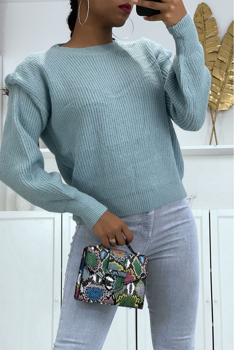 Blue chunky knit jumper with shoulder pad effect and puff sleeves - 4