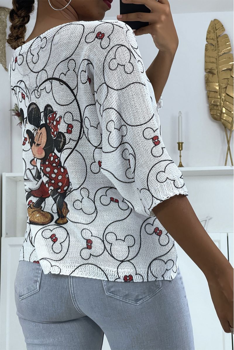 Pull léger blanc imprimé Mickey et Minnie - 3