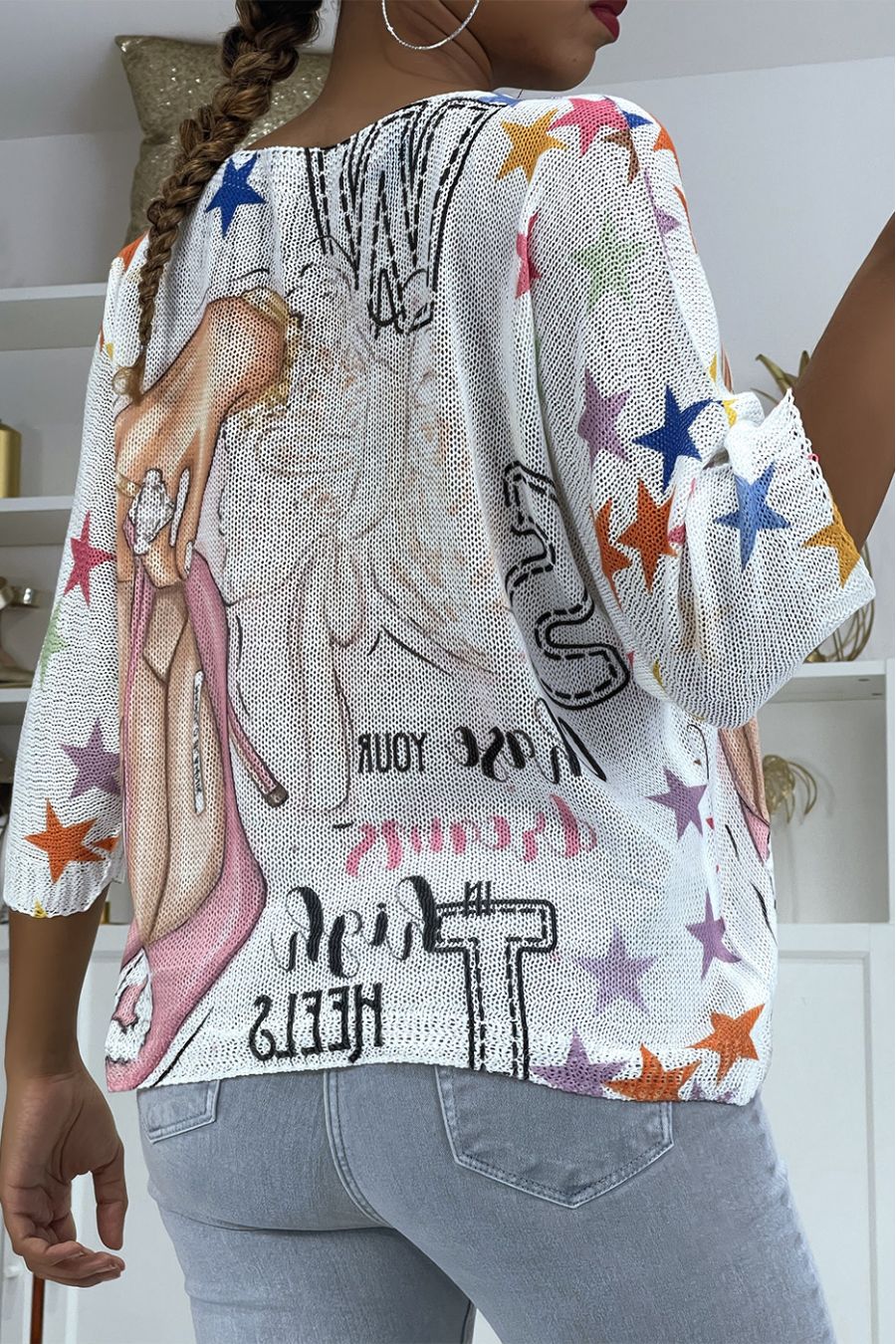 Pull léger blanc imprimé escarpins rose - 2