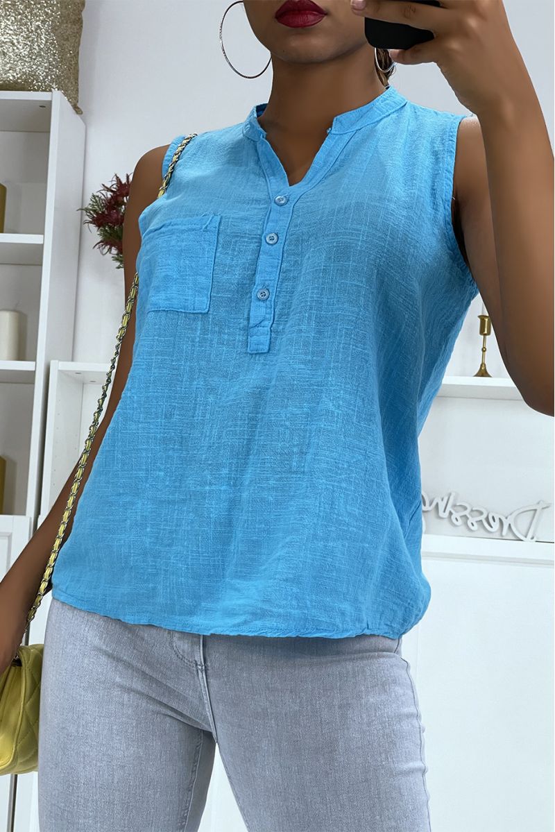 ClCKsic and trendy solid color linen effect turquoise blue tank top - 1