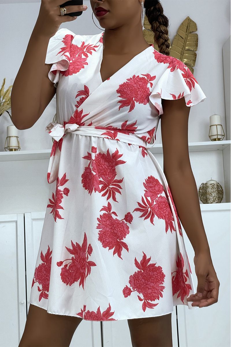 Short white and fuchsia wrap-style skater dress with two-tone floral patterns - 4