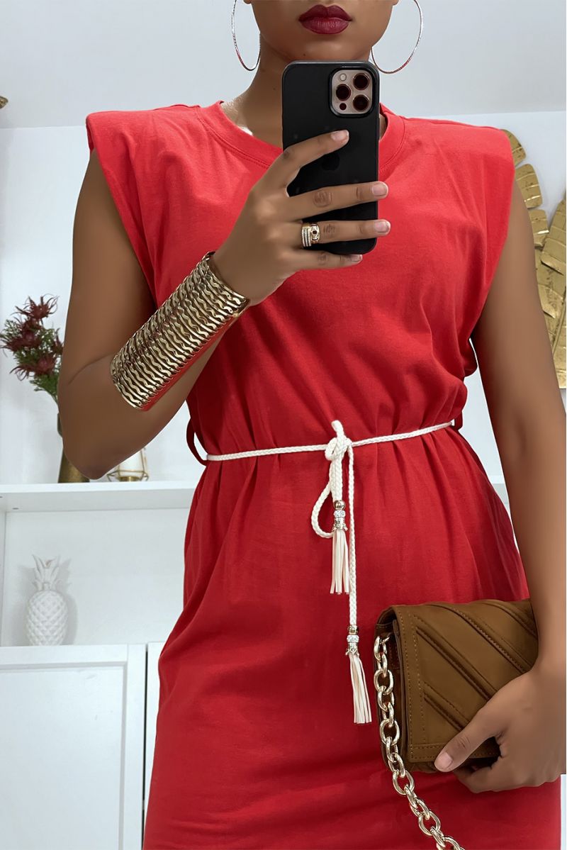 Rode oversized mouwloze jurk met gewatteerde schouders - 2