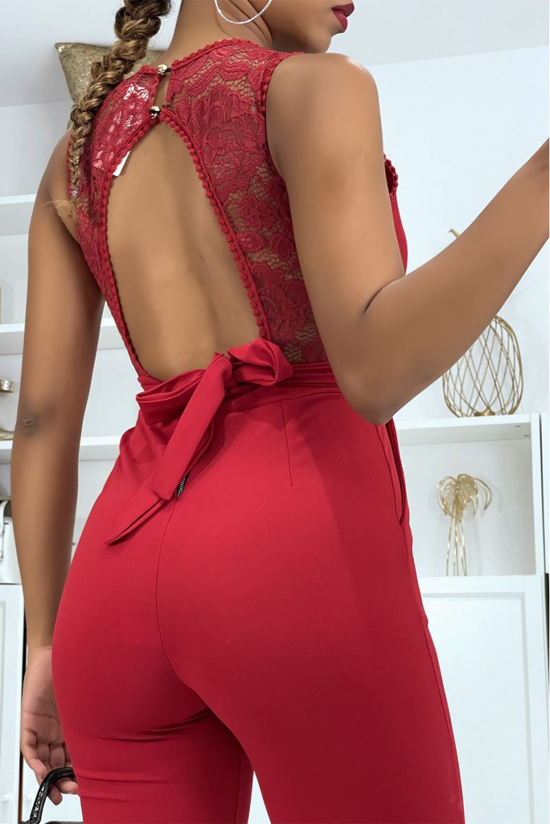 Tight and comfortable red jumpsuit with lace and tulle details on the neckline  - 5