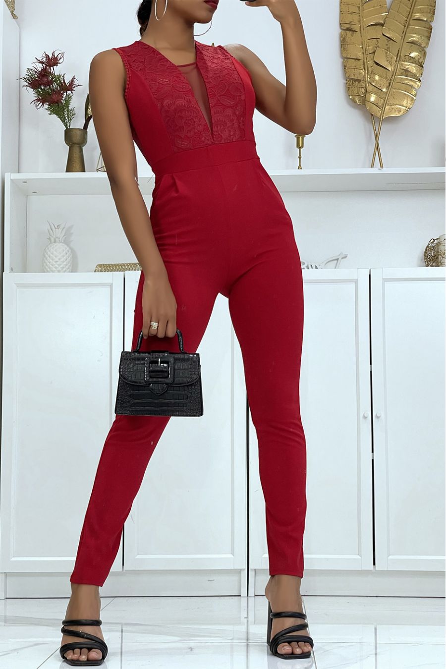 Tight and comfortable red jumpsuit with lace and tulle details on the neckline  - 6