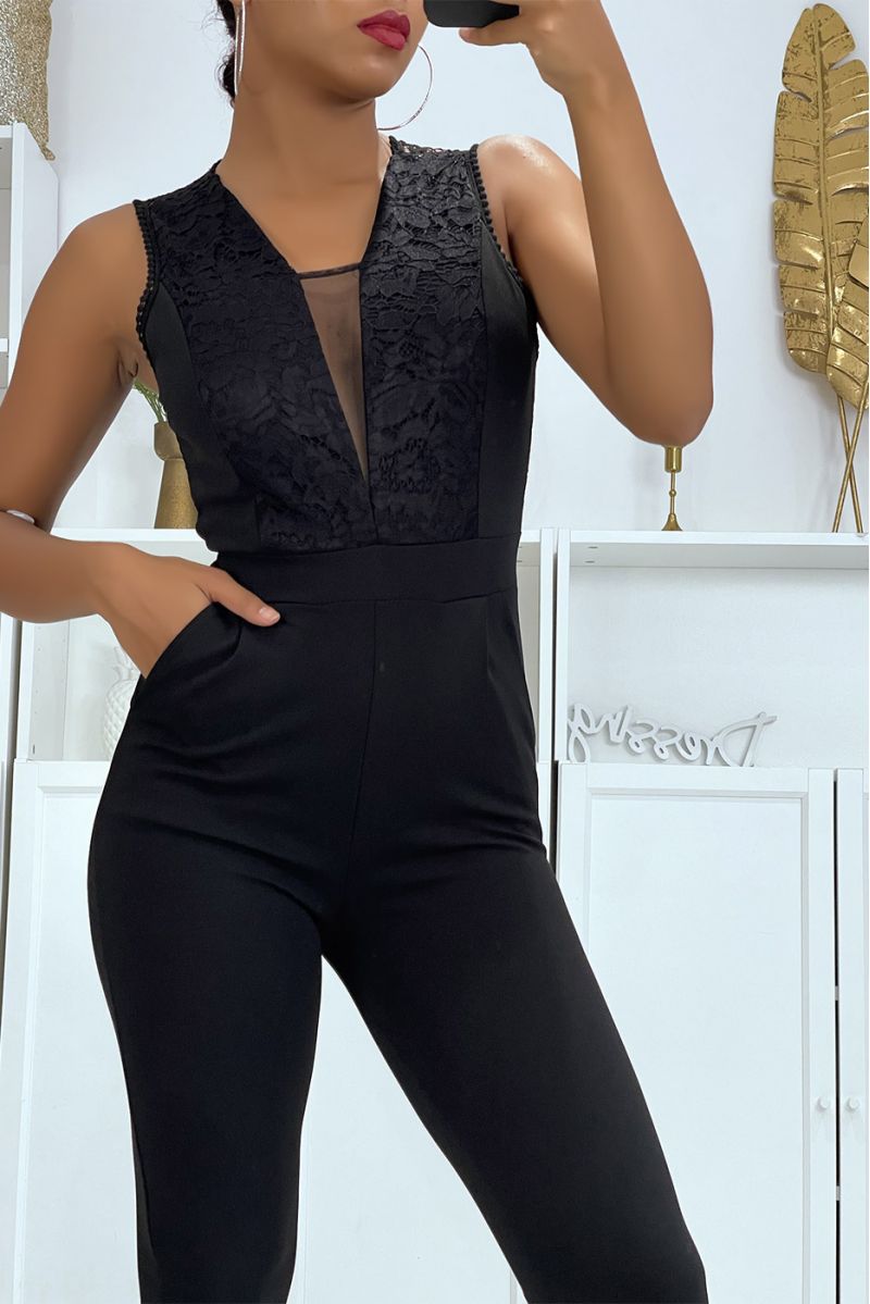 Tight and comfortable black jumpsuit with lace and tulle details on the neckline  - 4
