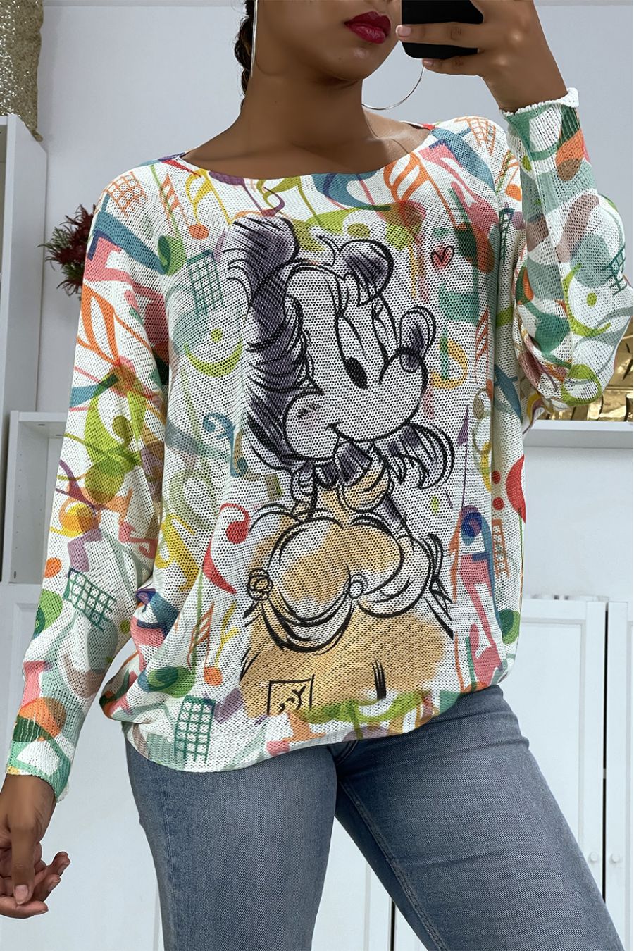 Multicolored oversized light sweater with batwing sleeves and Mickey print   - 3