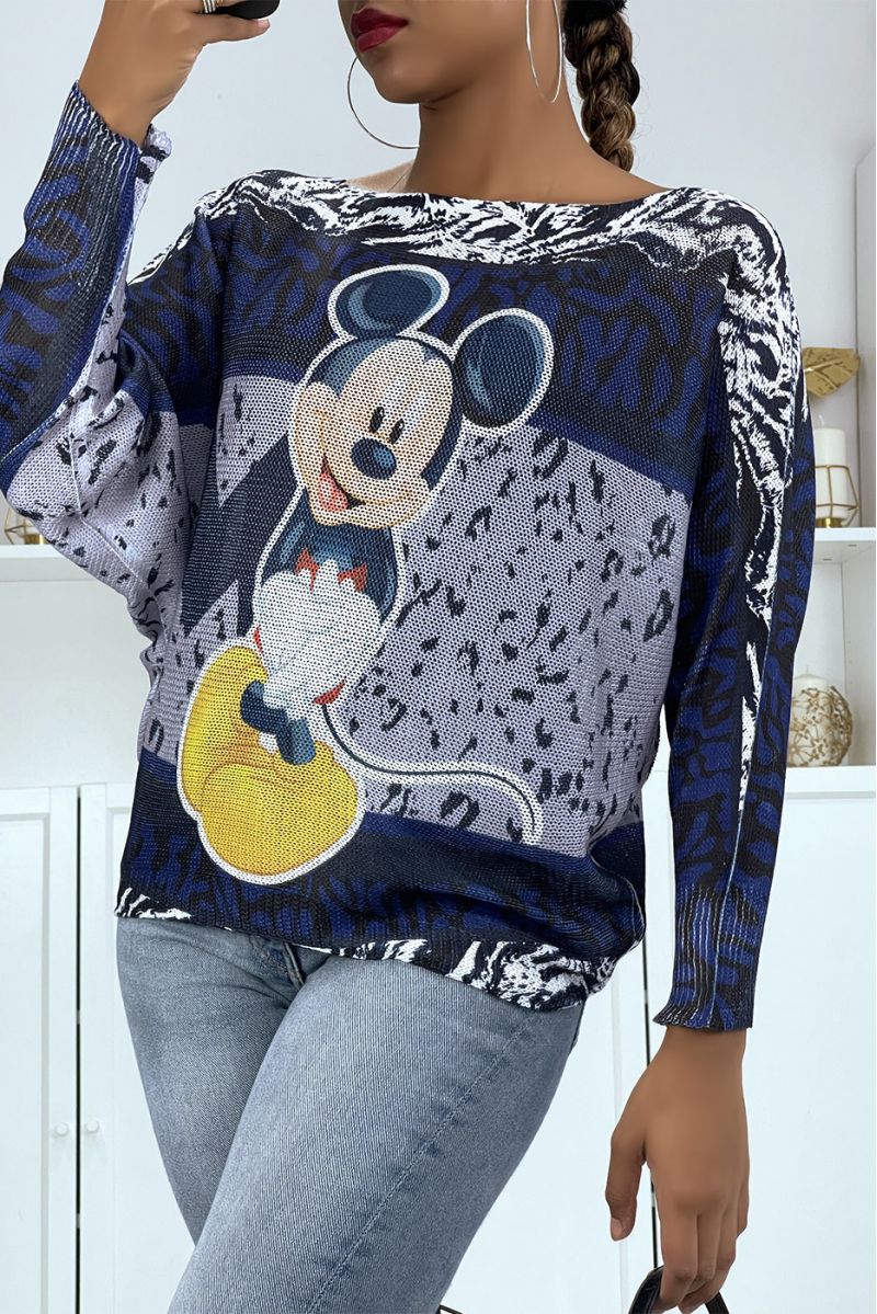 Pull léger oversize bleu foncé à manches chauve-souris et imprimé Mickey - 3