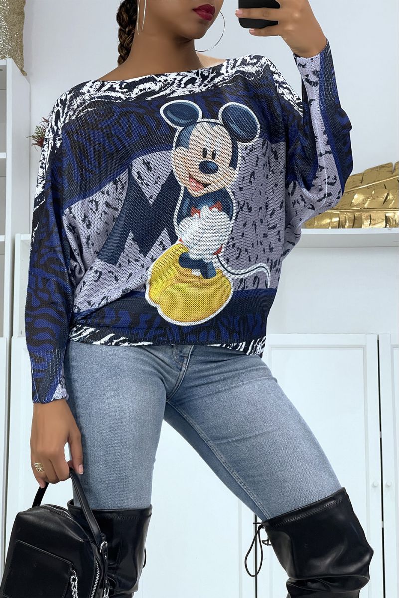 Pull léger oversize bleu foncé à manches chauve-souris et imprimé Mickey - 4