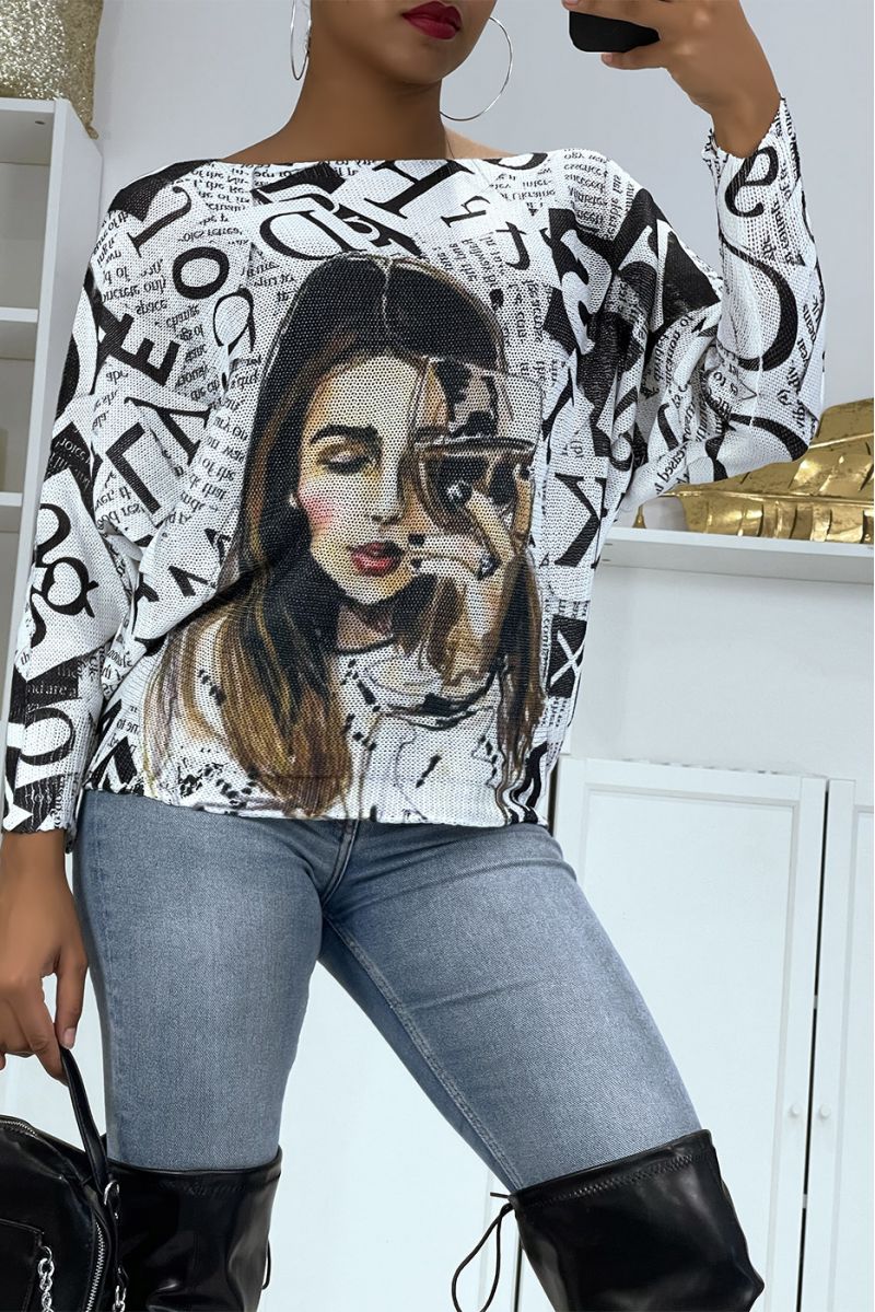 White oversized light sweater with magazine style print and woman's face  - 1