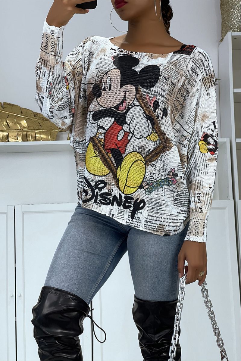Lightweight oversized sweater with Mickey and Minnie newspaper print - 1